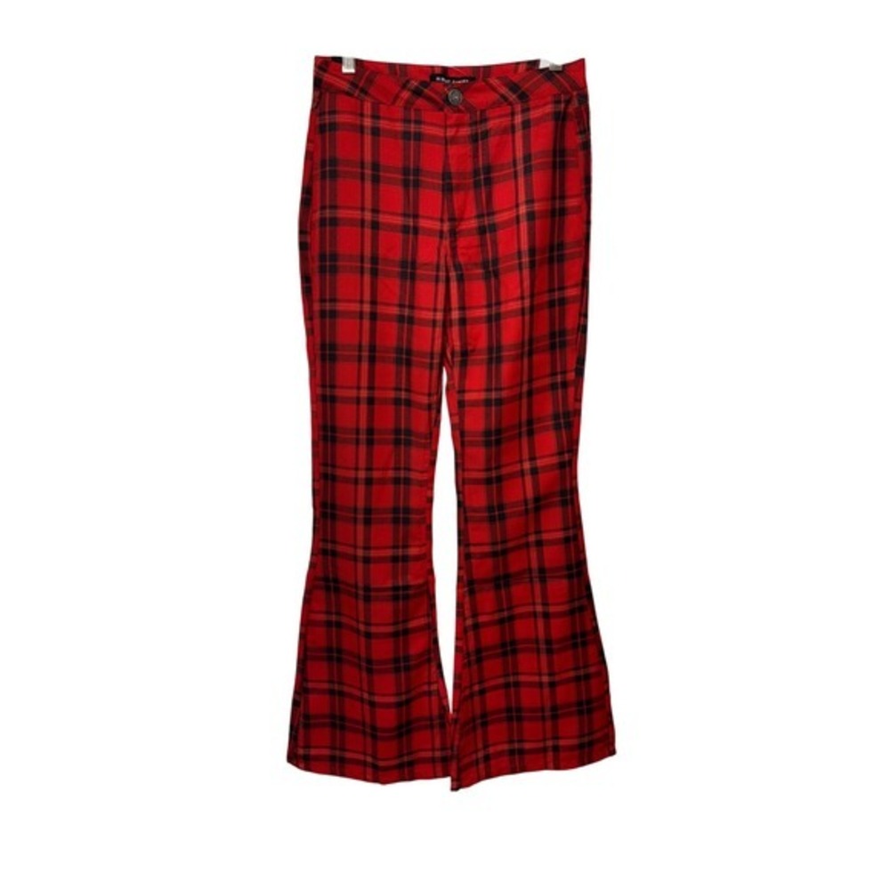Almost Famous Womens 5 Highrise Plaid Flare Pants‎ Red/Black Academia Y2K Preppy